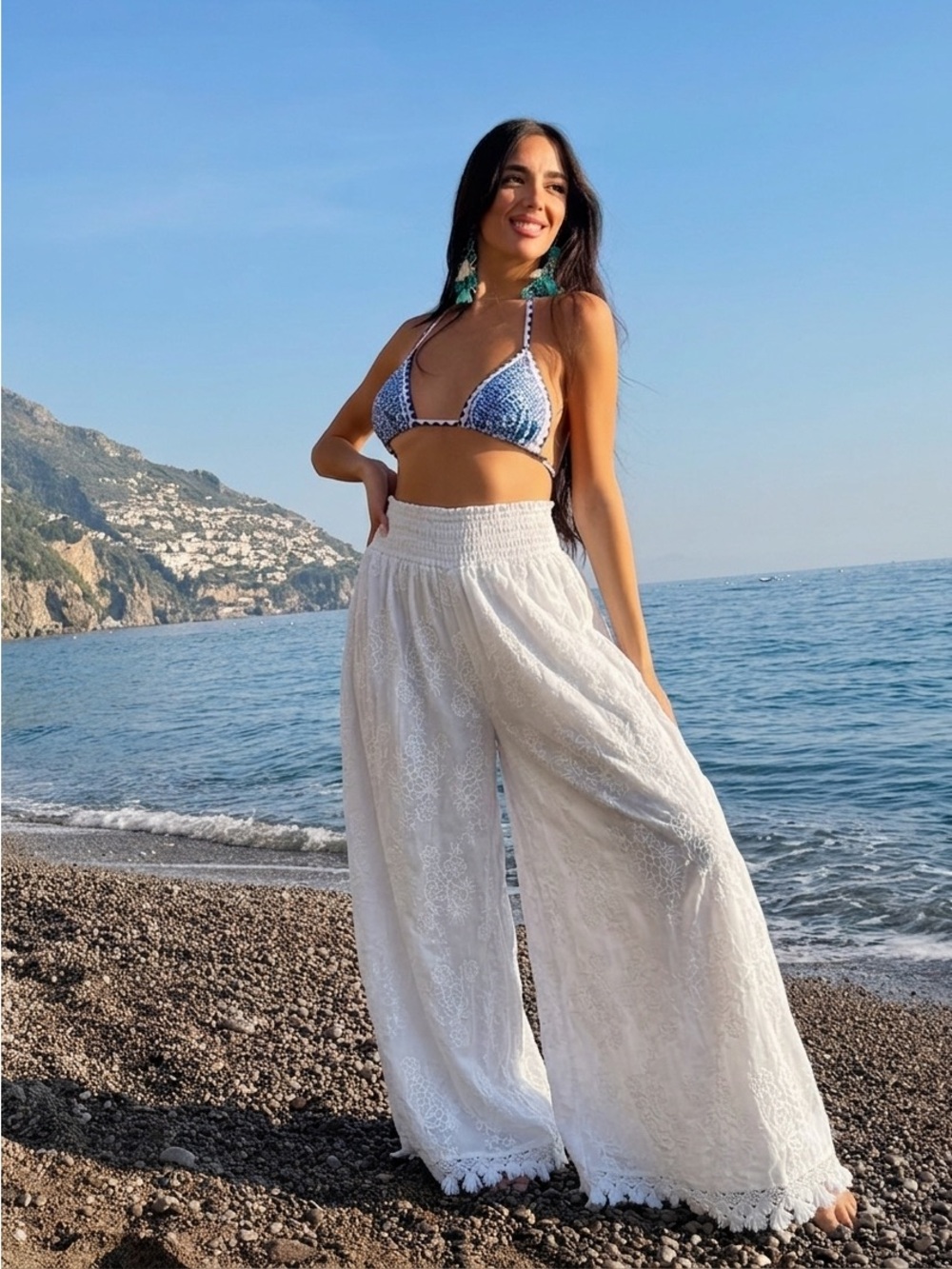 Antica Sartoria Italy White 100% Cotton Eyelet Embroidered Palazzo Pants OS
